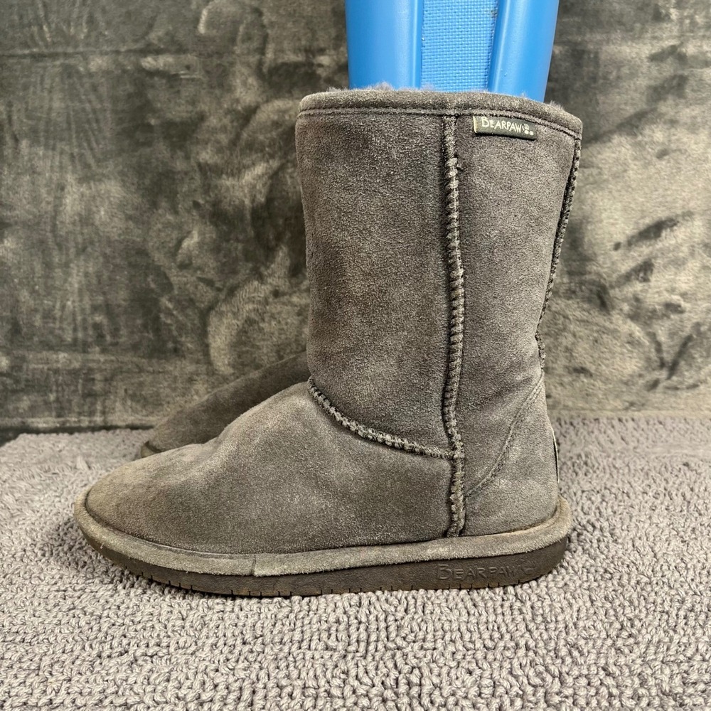 Bearpaw Elle Short Grey Suede Sheepskin Fur Lined Winter Boots Womens 7